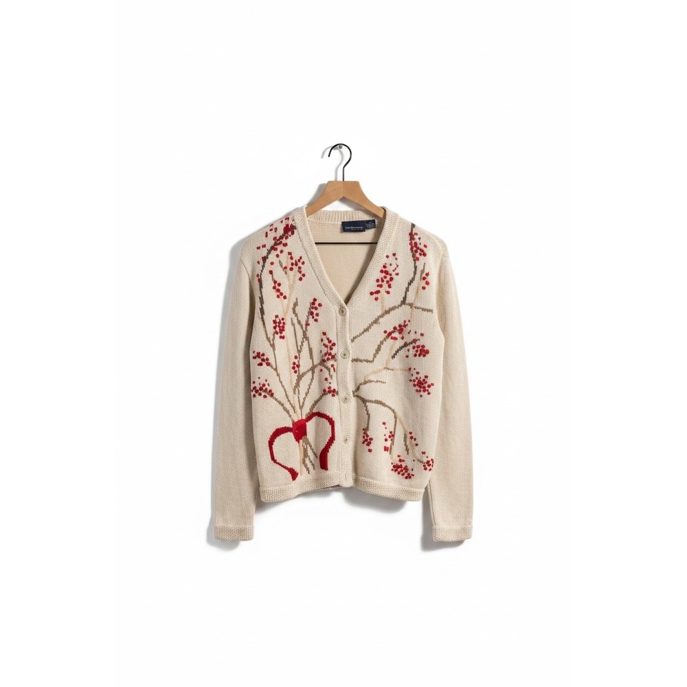 Vintage Liz Claiborne | Cardigan Sweater M Cream Cotton Berry Knit V-Neck Granny